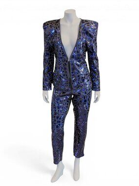 Blue Geometric Metallic Jacket & Pants Set * Large